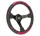 NRG Reinforced Steering Wheel - Oaktree Outlaw Collaboration Black Leather w/Neon Pink Finish