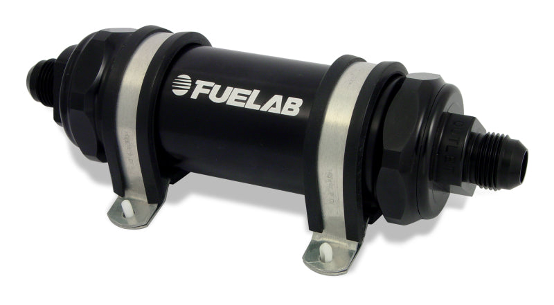 Fuelab 828 In-Line Fuel Filter Long -6AN In/-10AN Out 40 Micron Stainless - Black