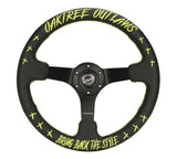 NRG Reinforced Steering Wheel - Oaktree Outlaw Collaboration Black Leather w/Neon Yellow Finish