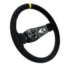 Load image into Gallery viewer, NRG Reinforced Steering Wheel (350mm / 3in. Deep) Blk Suede w/NRG Arrow Cut 2-Spoke &amp; Yellow Mark