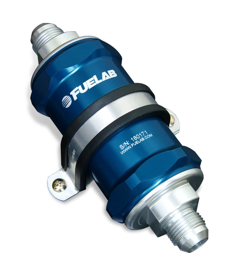 Fuelab 848 In-Line Fuel Filter Standard -8AN In/-6AN Out 10 Micron Fabric w/Check Valve - Blue