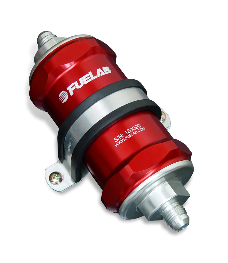 Fuelab 848 In-Line Fuel Filter Standard -12AN In/-8AN Out 10 Micron Fabric w/Check Valve - Red