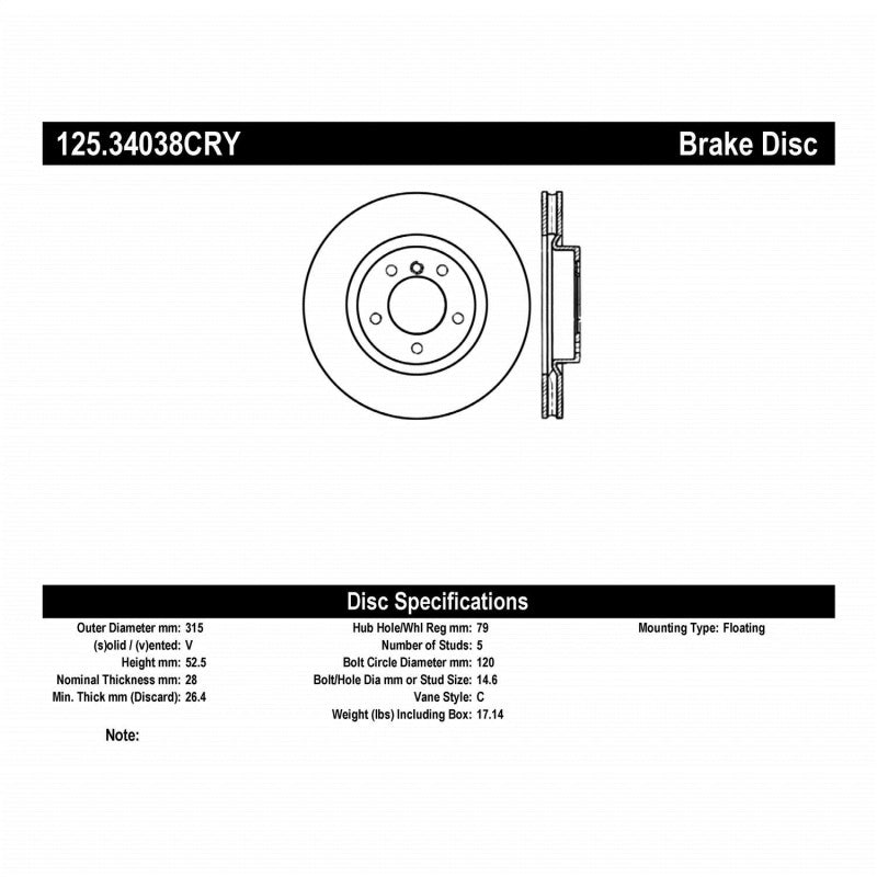 Stoptech 95-99 BMW M3 / 98-02 BMW Z3 Left Front Premium High Carbon CRYO STOP Rotor