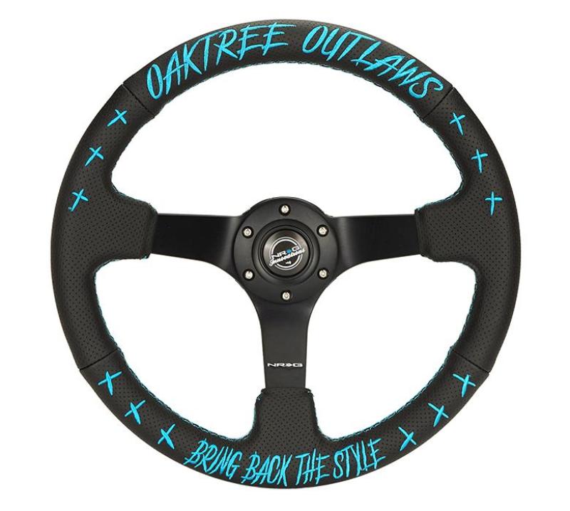 NRG Reinforced Steering Wheel - Oaktree Outlaw Collaboration Black Leather w/Teal Finish