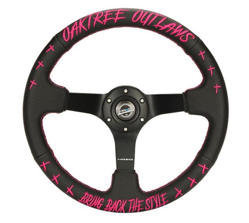 NRG Reinforced Steering Wheel - Oaktree Outlaw Collaboration Black Leather w/Neon Pink Finish